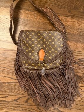 Fringe reconstructed boho monogram print fringe crossbody bag